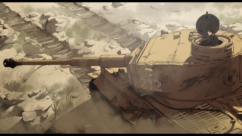 10s, 1girl, day, desert, emblem, girls_und_panzer, grass, highres