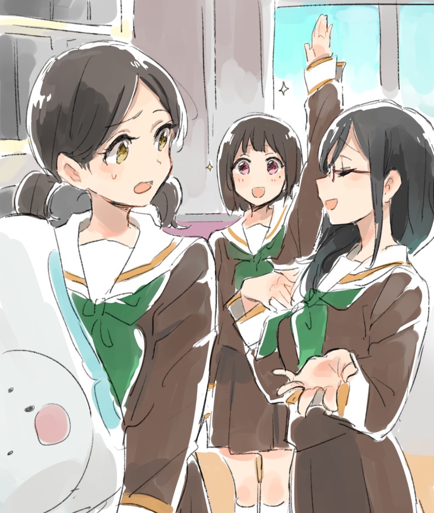 10s, 3girls, :d, blush, brown_eyes, brown_hair, classroom, closed_eyes