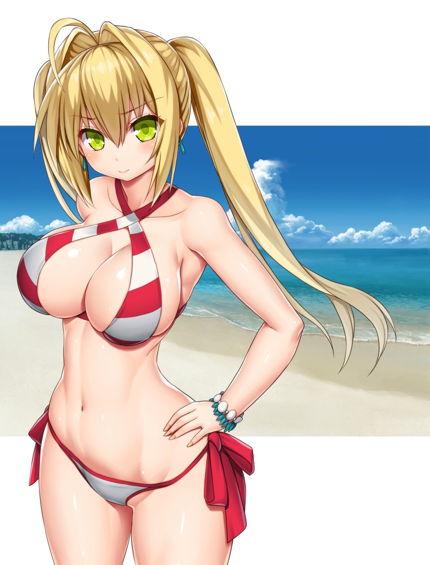 1girl, absurdres, ahoge, alternate_hairstyle, asamura_hiori, beach, bikini, blonde_hair