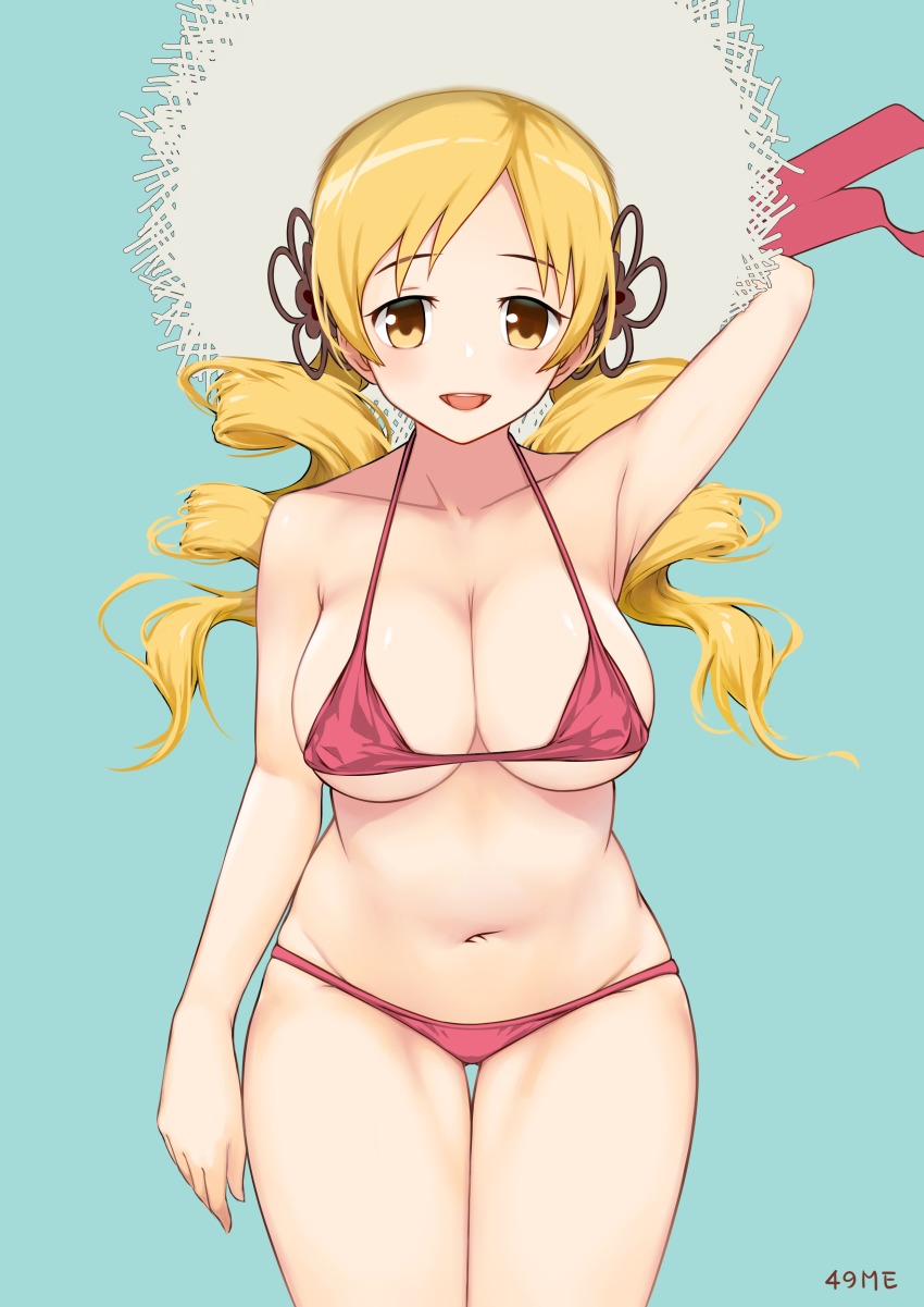 49me, absurdres, artist_name, bikini, blonde_hair, breasts, cleavage, drill_hair, hair_ornament, hat, highres, large_breasts, mahou_shoujo_madoka_magica, mahou_shoujo_madoka_magica_(anime), red_bikini, simple_background, swimsuit, thighs, tomoe_mami, yellow_eyes