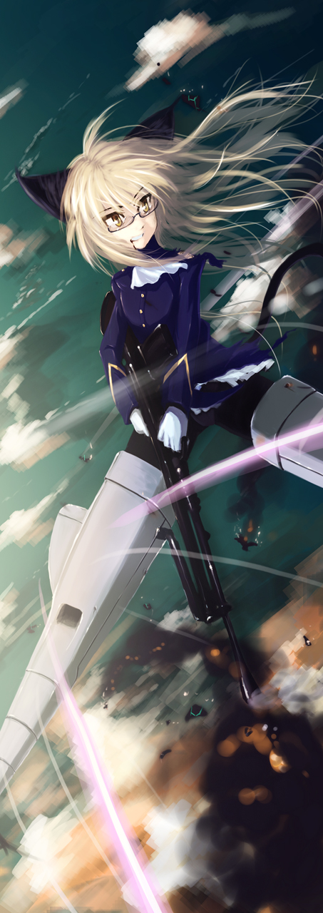 00s, 1girl, animal_ears, blonde_hair, blood, bren_lmg, female_focus, flying, glasses, gun, highres, light_machine_gun, long_hair, machine_gun, perrine_h._clostermann, solo, strike_witches, striker_unit, tail, tc_(pixiv), weapon, wind, world_witches_series, yellow_eyes