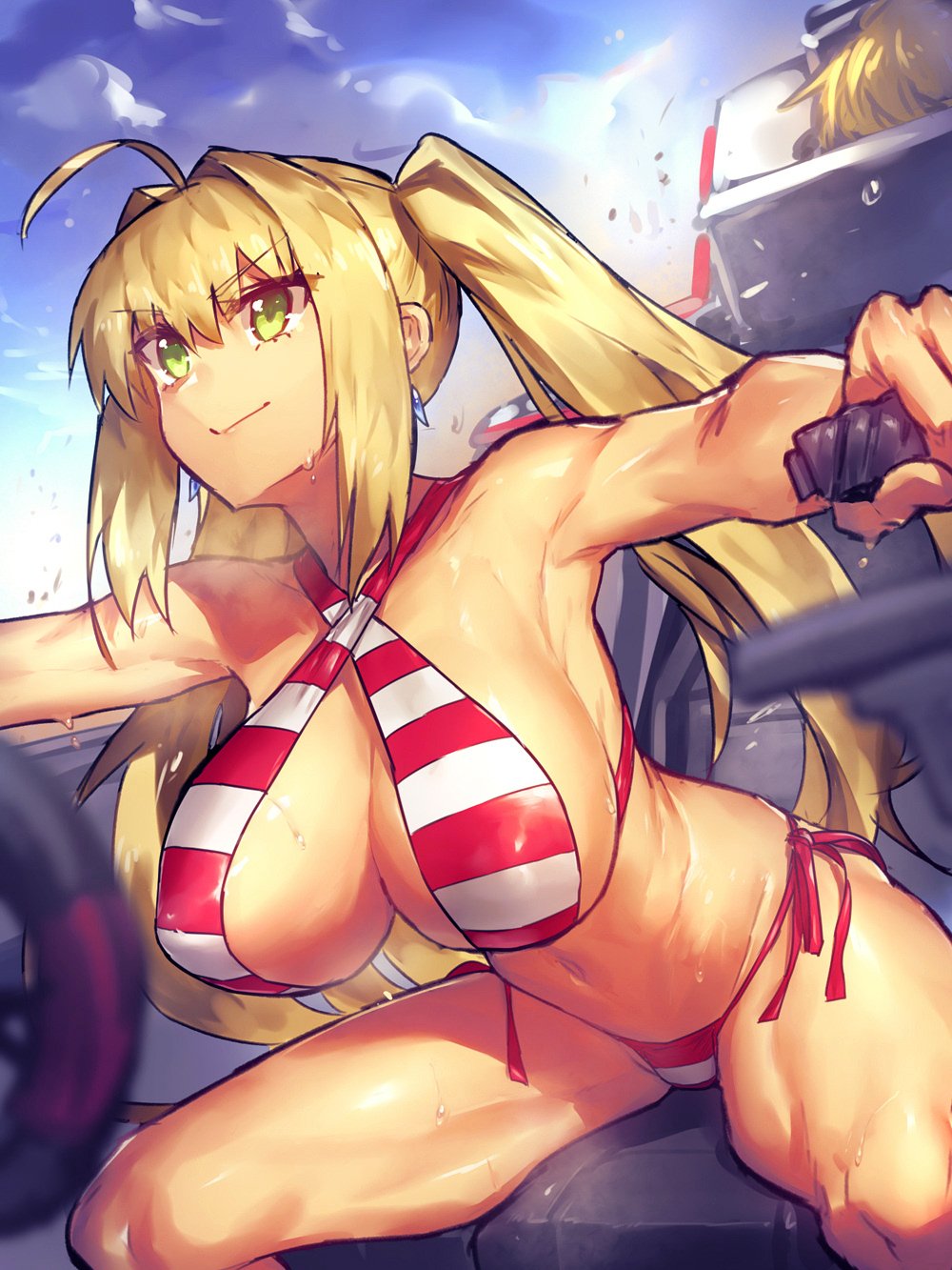 2girls, ahoge, armpits, artoria_pendragon_(fate), saber_alter_(swimsuit_rider), bikini, blonde_hair, breasts, driving, earrings, fate/grand_order, fate_(series), green_eyes, halterneck, highres, jewelry, large_breasts, melon22, midriff, multiple_girls, navel, nero_claudius_(fate), nero_claudius_(swimsuit)_(fate), nero_claudius_(swimsuit_caster)_(fate), saber_alter, solo_focus, striped_bikini, striped_clothes, sweat, swimsuit, twintails