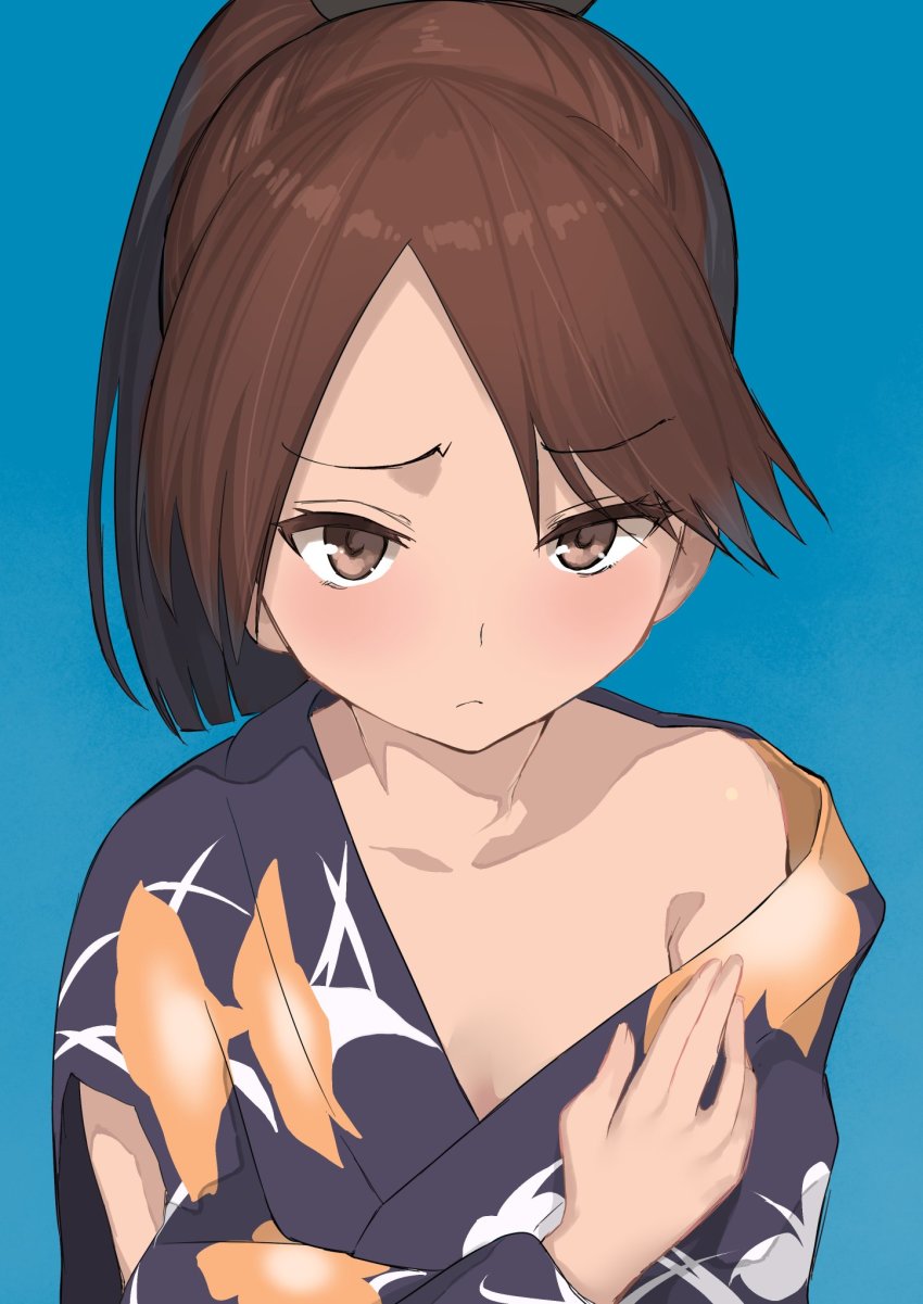 10s, 1girl, blue_background, blush, brown_eyes, brown_hair, collarbone, commentary, female_focus, frown, highres, japanese_clothes, kantai_collection, kimono, looking_at_viewer, masukuza_j, ponytail, shikinami_(kancolle), shikinami_(yukata)_(kancolle), short_hair, solo, yukata