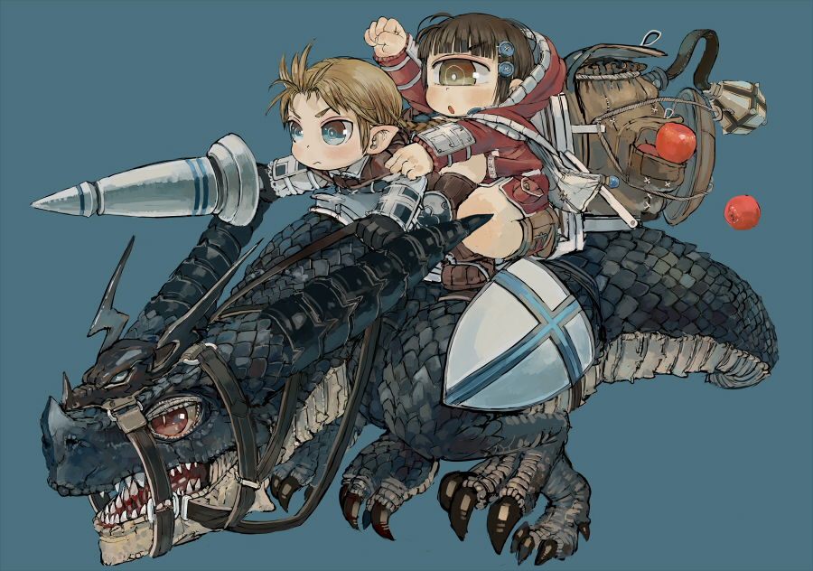 >:o, >:s, 1boy, 1girl, :o, :s, apple, arm_up