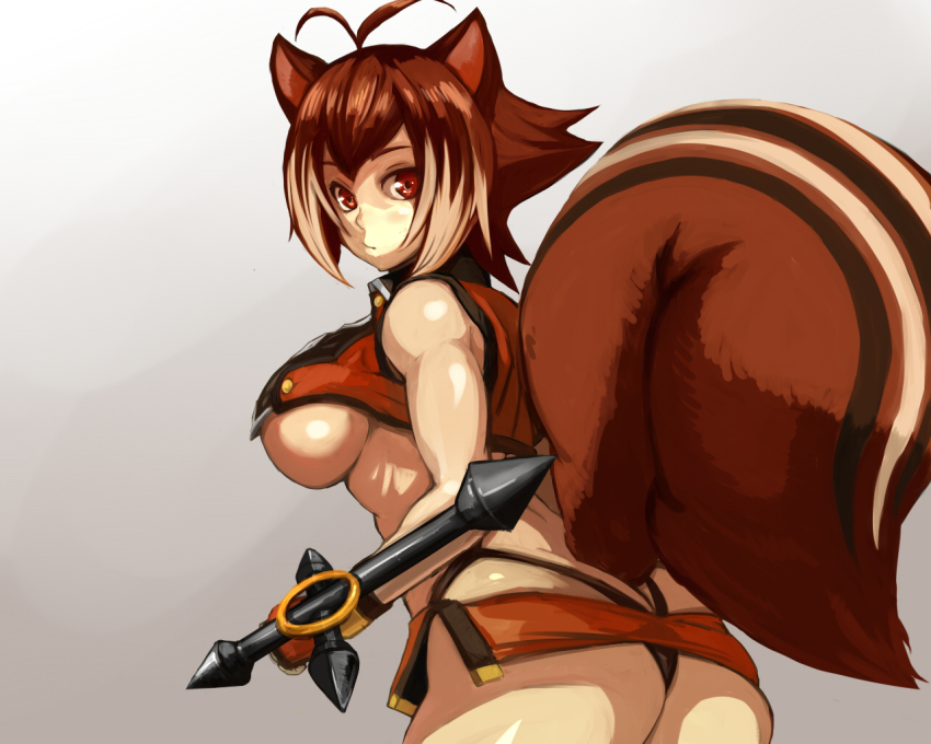 1girl, animal_ears, antenna_hair, ass, black_panties, blazblue, breasts, brown_eyes