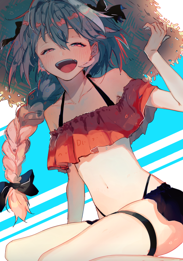 1boy, arm_up, astolfo_(fate), bare_shoulders, bikini, black_bikini, blush, collarbone