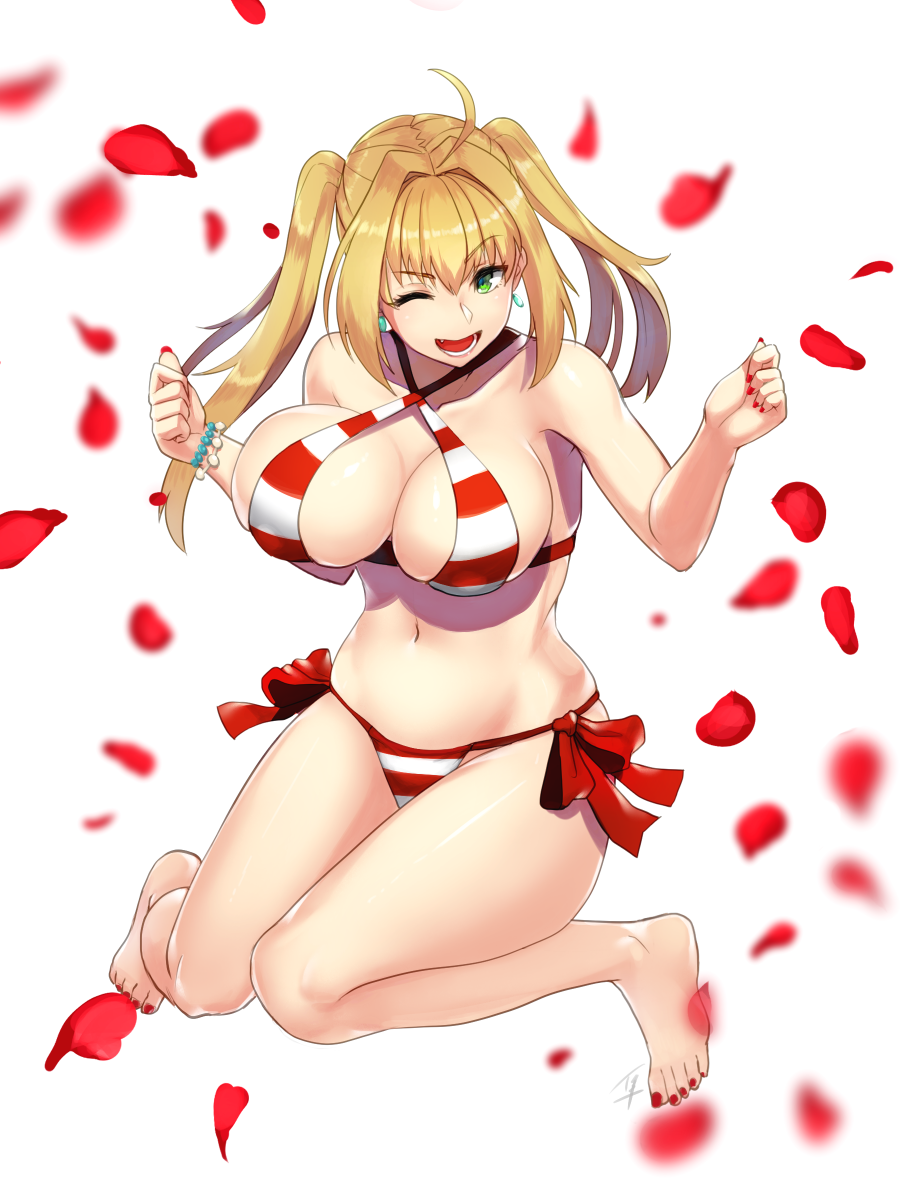 1girl, asymmetrical_breasts, bikini, blonde_hair, blush, bracelet, breasts, cleavage