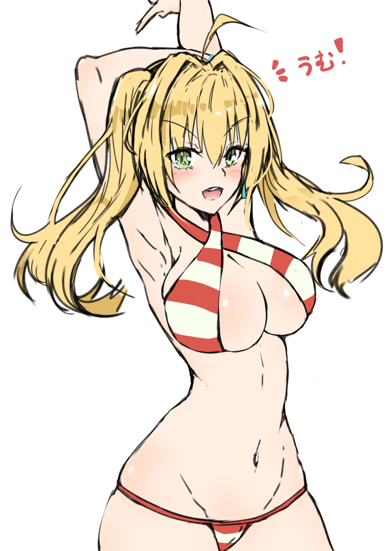 1girl, ahoge, armpits, arms_up, blonde_hair, blush, breasts, cleavage