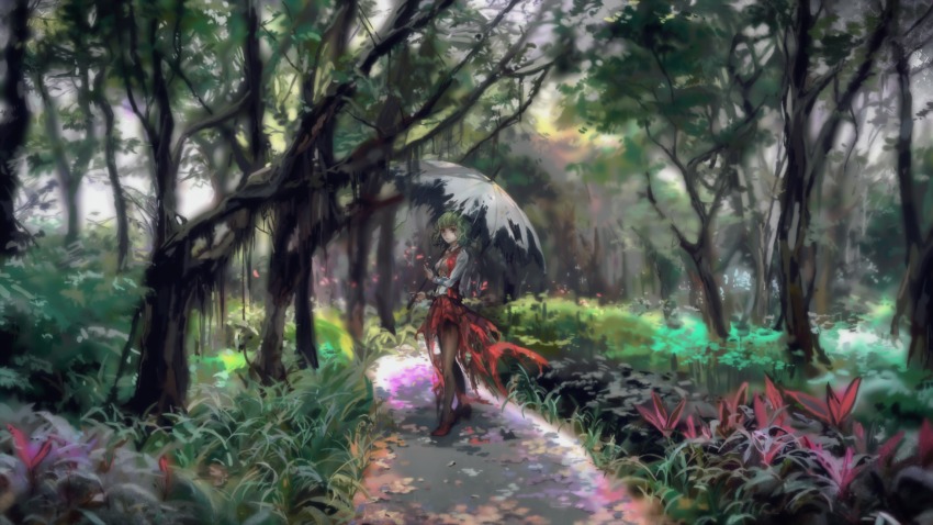 1girl, bad_id, bad_pixiv_id, black_pantyhose, day, female_focus, grass, green_hair, haiyan, highres, holding, holding_umbrella, kazami_yuuka, long_skirt, long_sleeves, nature, outdoors, pantyhose, plaid_clothes, plaid_skirt, plaid_vest, red_eyes, red_shoes, red_skirt, road, shoes, short_hair, skirt, solo, torn_clothes, torn_skirt, touhou, umbrella, vest