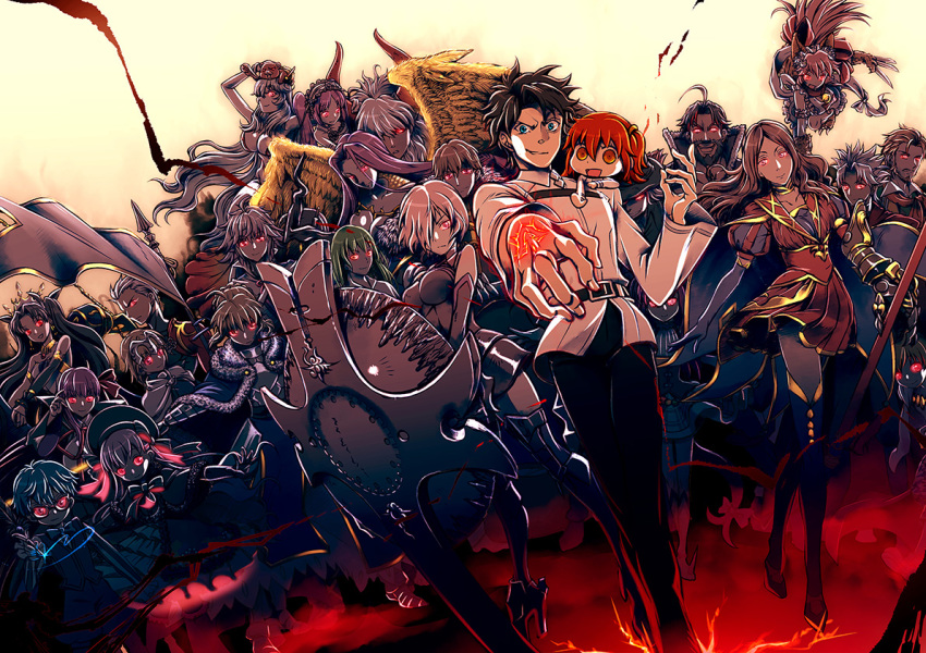 6+girls, ahoge, amakusa_shirou_(fate), animal_ears, archer_(fate), archer_(third_ascension)_(fate), artemis_(fate), artoria_pendragon_(fate), asterios_(fate), bb_(fate), bb_(fate/extra), chibi, child_gilgamesh_(fate), child_gilgamesh_(third_ascension)_(fate), command_spell, edmond_dantes_(fate), edward_teach_(fate), edward_teach_(third_ascension)_(fate), elizabeth_bathory_(fate), elizabeth_bathory_(fate/extra), enkidu_(fate), euryale_(fate), evil_grin, evil_smile, fate/grand_order, fate_(series), flag, fox_ears, fujimaru_ritsuka_(female), fujimaru_ritsuka_(male), gawain_(fate), gawain_(third_ascension)_(fate), gilgamesh_(fate), glasses, glowing, glowing_eyes, gorgon_(fate), gorgon_(third_ascension)_(fate), grin, hans_christian_andersen_(fate), hat, hayosena, horns, ishtar_(fate), ishtar_(first_ascension)_(fate), jeanne_d'arc_(fate), jeanne_d'arc_(ruler)_(fate), leonardo_da_vinci_(caster)_(fate), leonardo_da_vinci_(fate), mash_kyrielight, mash_kyrielight_(demi-servant), medusa_(fate), medusa_(rider)_(fate), merlin_(fate/stay_night), multiple_girls, nursery_rhyme_(fate), orion_(bear)_(fate), rider, riyo_(lyomsnpmp)_(style), saber_(fate), shield, smile, tamamo_cat_(fate), tamamo_cat_(third_ascension)_(fate), tamamo_no_mae_(fate), tohsaka_rin, william_shakespeare_(fate), wings