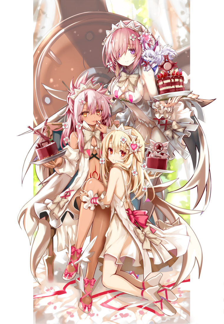 3girls, alternate_costume, blush, breasts, cake, chloe_von_einzbern, cleavage, dark-skinned_female