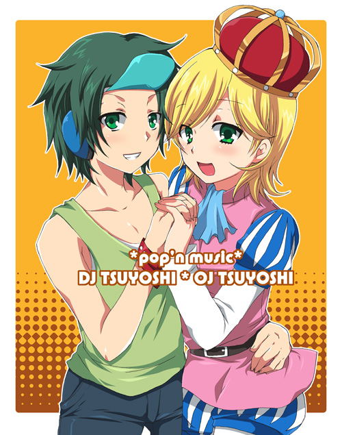 2boys, bad_id, bad_pixiv_id, bemani, blonde_hair, crown, dj_tsuyoshi, futaba_841, green_eyes, green_hair, hat, holding_hands, male_focus, multiple_boys, oj_tsuyoshi, pop'n_music, short_hair, smile, trap, tsuyoshi