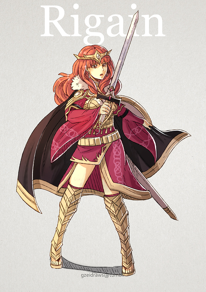 1girl, cape, celica_(fire_emblem), celica_(queen_of_valentia)_(fire_emblem), crown, english_text, female_focus, fire_emblem