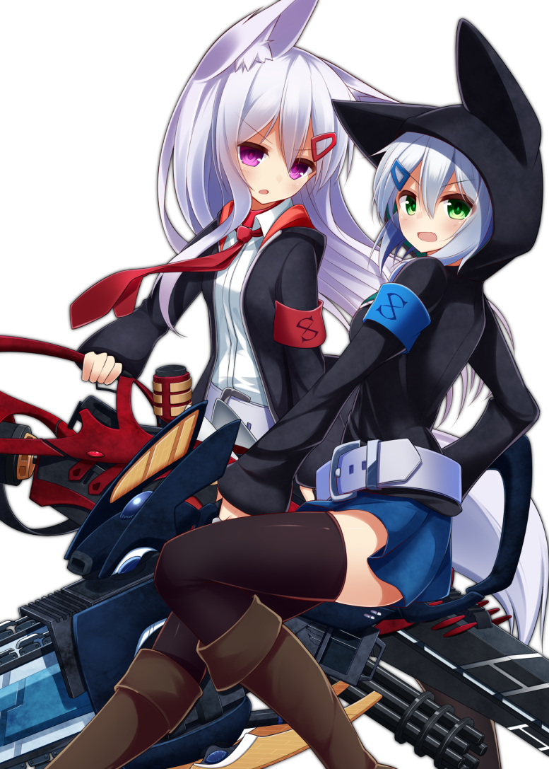2girls, animal_ears, animal_hood, black_legwear, blue_skirt, blush, boots, brown_footwear