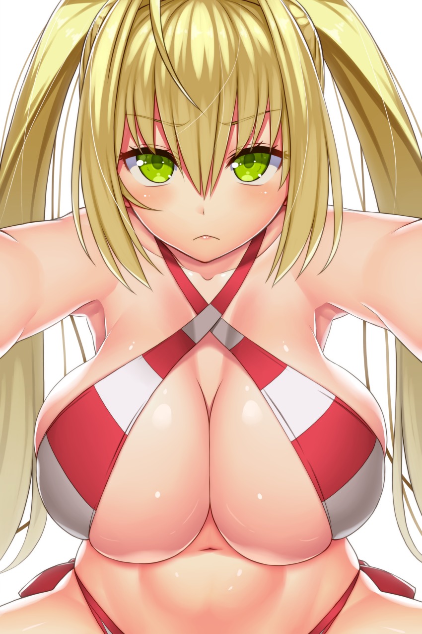 1girl, :<, asamura_hiori, bikini, blonde_hair, blush, breasts, cleavage, closed_mouth, collarbone, criss-cross_halter, fate/grand_order, fate_(series), female_focus, green_eyes, hair_between_eyes, hair_intakes, halterneck, highres, large_breasts, long_hair, looking_at_viewer, nero_claudius_(fate), nero_claudius_(swimsuit)_(fate), nero_claudius_(swimsuit_caster)_(fate), red_bikini, simple_background, solo, striped_bikini, striped_clothes, swimsuit, tsurime, twintails, white_background
