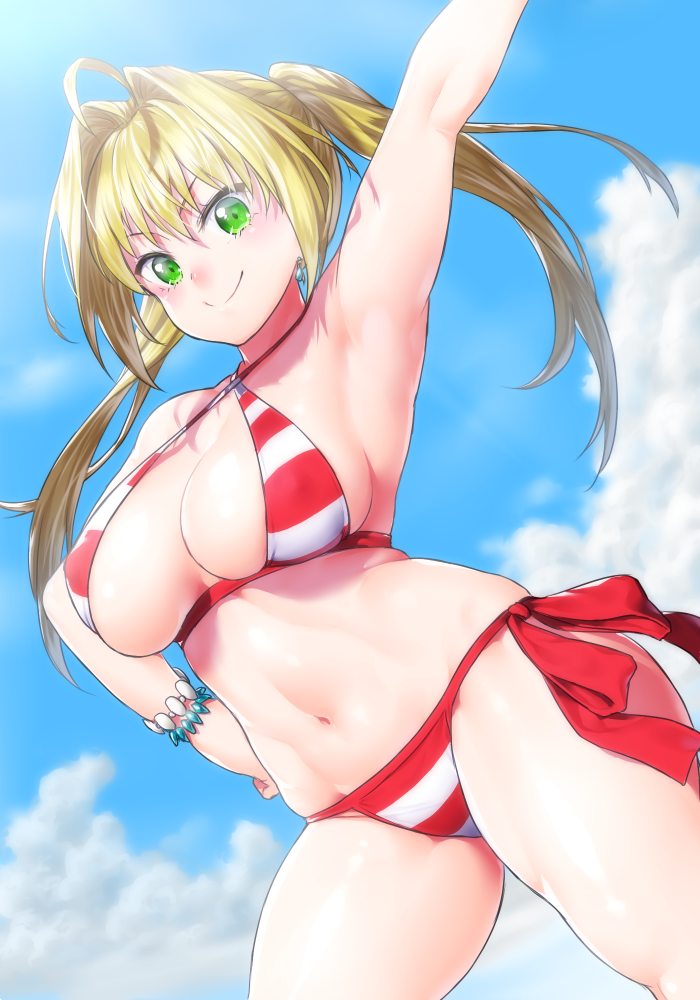 1girl, ahoge, arm_up, armpits, bikini, blonde_hair, blue_sky, breasts