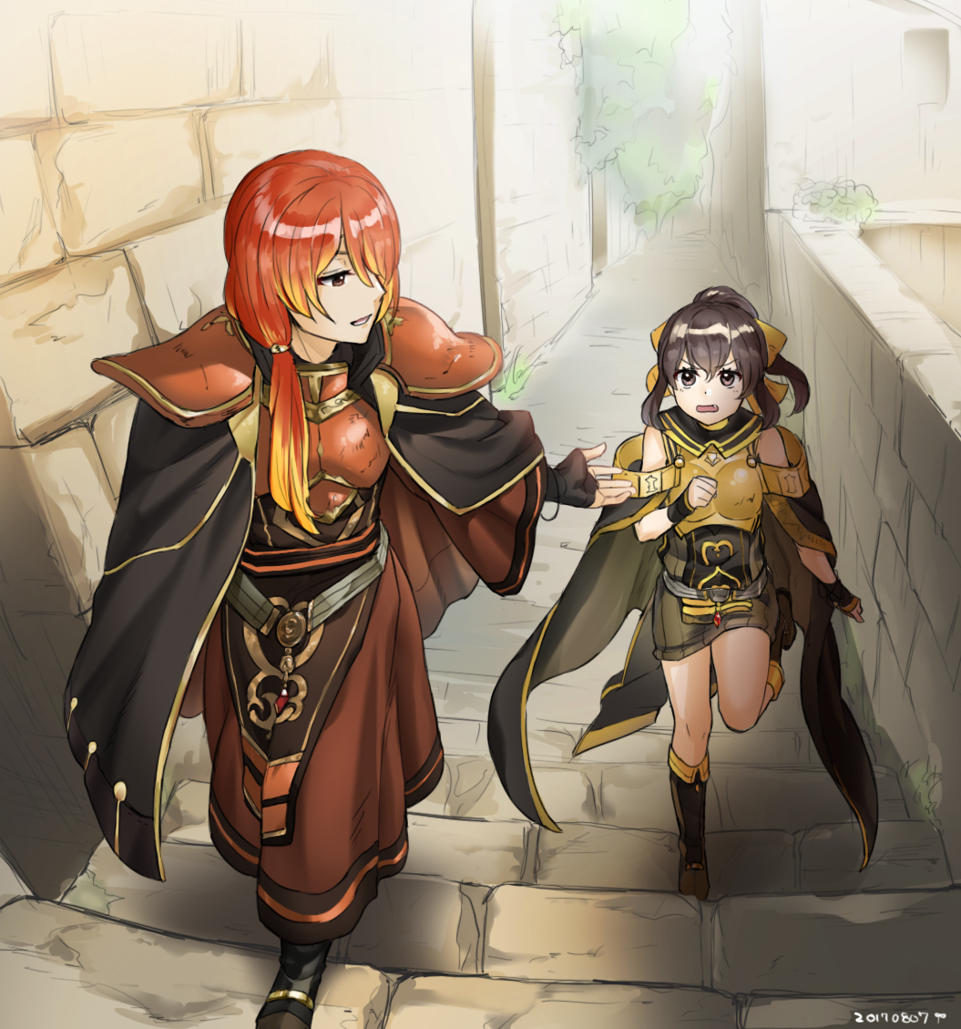 1boy, 1girl, armor, boots, brother_and_sister, brown_eyes, brown_hair, cloak