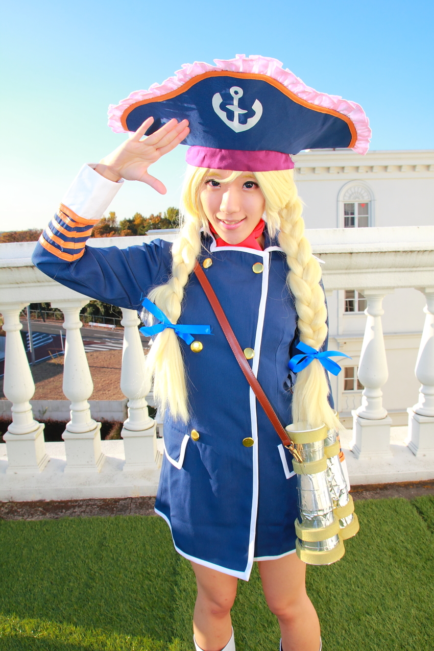 1girl, aoi_ichigo_(av_idol), bicorne, binoculars, blonde_hair, blue_ribbon, blush, braid