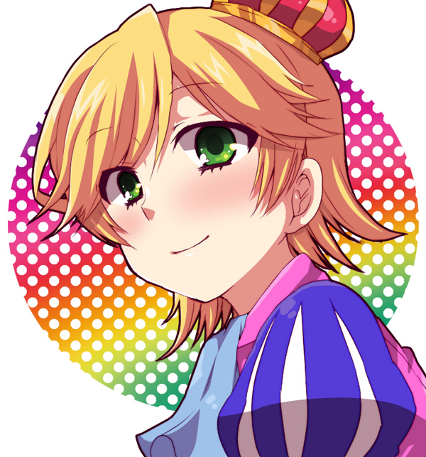 1boy, bad_id, bad_pixiv_id, bemani, blonde_hair, blush, crown, futaba_841, green_eyes, male_focus, oj_tsuyoshi, polka_dot, pop'n_music, short_hair, smile, solo, trap, tsuyoshi
