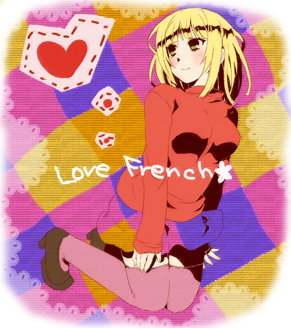 1girl, bad_id, bad_pixiv_id, belle_(pop'n_music), bemani, blonde_hair, blush, female_focus, futaba_841, green_eyes, heart, pop'n_music, short_hair, skirt, solo, sweater, thighhighs