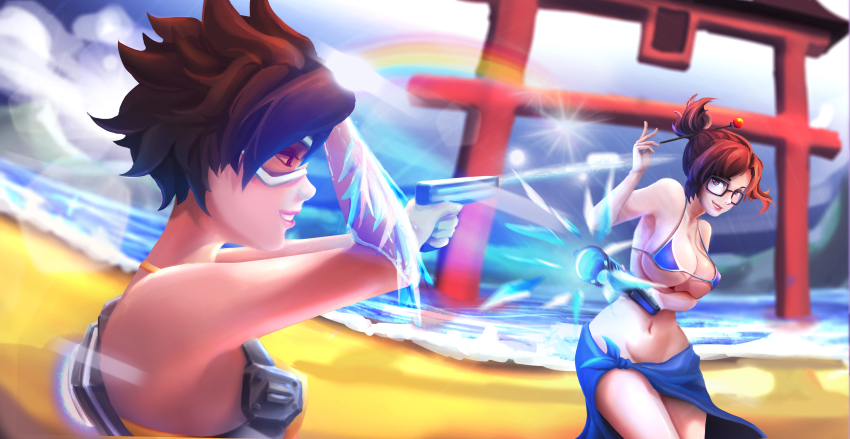 2girls, :d, absurdres, bare_arms, bare_shoulders, beach, bead, bikini