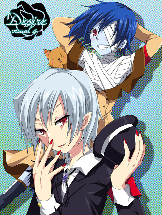 2boys, ash_(pop'n_music), bandages, bemani, blue_hair, blue_skin, colored_skin, dog, futaba_841, gradient_background, male_focus, monster_boy, multiple_boys, mummy, nail_polish, pop'n_music, red_eyes, red_nails, short_hair, smile_(pop'n_music), upper_body, vampire, yuli, yuli_(pop'n_music)