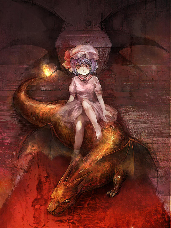 barefoot, blue_hair, bow, charizard, crossover, demon_wings, dragon, fire
