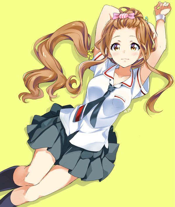 1girl, :3, aihara_miu, bangs_pinned_back, blush, bracelet, brown_hair, dated