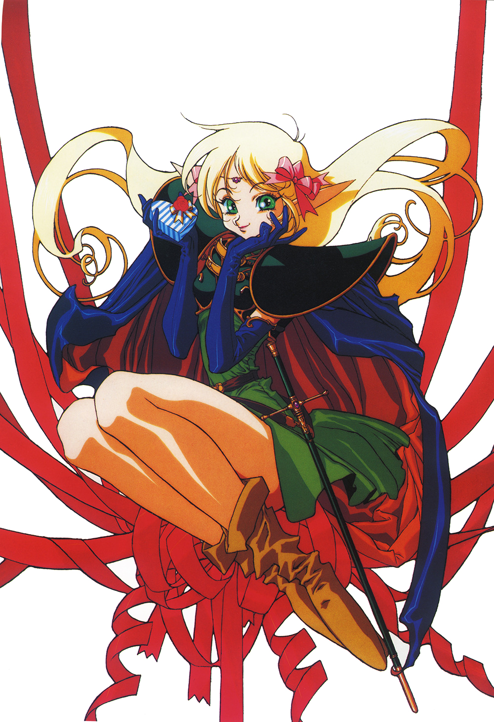 1990s_(style), 1girl, blonde_hair, blue_gloves, boots, bow, candy, cape, chocolate, chocolate_heart, deedlit, elbow_gloves, female_focus, floating_hair, food, gift, gloves, green_eyes, green_hair, hair_bow, hand_on_own_cheek, hand_on_own_face, heart, highres, holding, holding_gift, ishida_atsuko, legs_together, long_hair, looking_at_viewer, non-web_source, official_art, pointy_ears, record_of_lodoss_war, retro_artstyle, ribbon, sheath, sheathed, simple_background, skirt, smile, solo, sword, weapon, white_background, yuuki_nobuteru