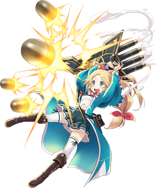 1girl, :d, antenna_hair, blonde_hair, blue_eyes, boots, brown_boots, female_focus, full_body, hair_ribbon, holding, holding_weapon, kekemotsu, long_hair, low-tied_long_hair, midriff, navel, official_art, open_mouth, oshiro_project:re, pleated_skirt, ribbon, shiryoukaku_(oshiro_project), skirt, smile, solo, thighhighs, transparent_background, weapon, white_thighhighs