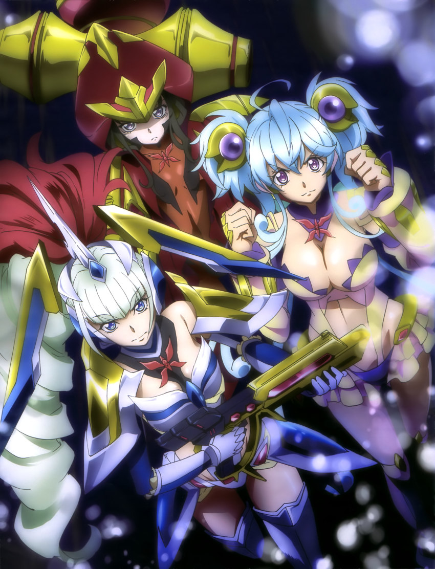 10s, 3girls, absurdres, ahoge, armor, artist_request, bare_shoulders, black_hair, blue_eyes, blue_hair, bodysuit, breasts, cagliostro_(symphogear), carrying_over_shoulder, cleavage, closed_mouth, detached_sleeves, dutch_angle, elbow_gloves, faulds, flat_chest, gloves, gun, hammer, headgear, highres, holding, holding_gun, holding_weapon, large_breasts, leotard, long_hair, looking_at_viewer, multiple_girls, official_art, pauldrons, prelati_(symphogear), purple_eyes, red_bodysuit, saint-germain, senki_zesshou_symphogear, shoulder_armor, sidelocks, smile, standing, thighhighs, twintails, weapon