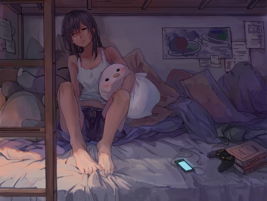 1girl, barefoot, black_hair, book, brown_eyes, controller, mp3_player, einri, female_focus, game_controller, highres, holding, holding_stuffed_toy, indoors, ladder, looking_at_viewer, nintendo, on_bed, original, pillow, pokemon, pokemon_move, poster_(object), shorts, sitting, solo, stuffed_animal, stuffed_toy, substitute, substitute_(pokemon)