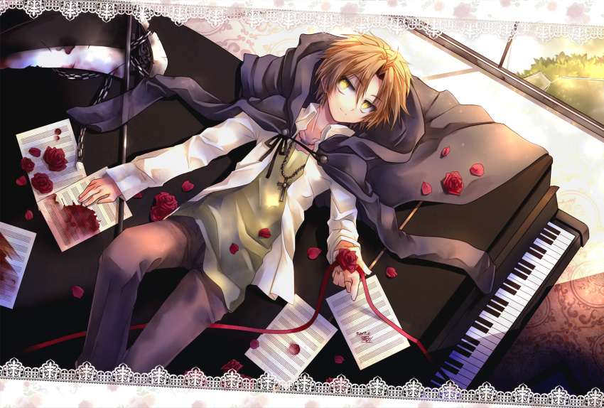 1boy, bad_id, bad_pixiv_id, brown_hair, cape, chain, cross, cross_necklace, flower, from_above, highres, holding, holding_flower, instrument, jewelry, liymm, looking_at_viewer, lying, male_focus, necklace, on_back, original, pants, petals, piano, rose, sickle, solo, staff_paper, yellow_eyes
