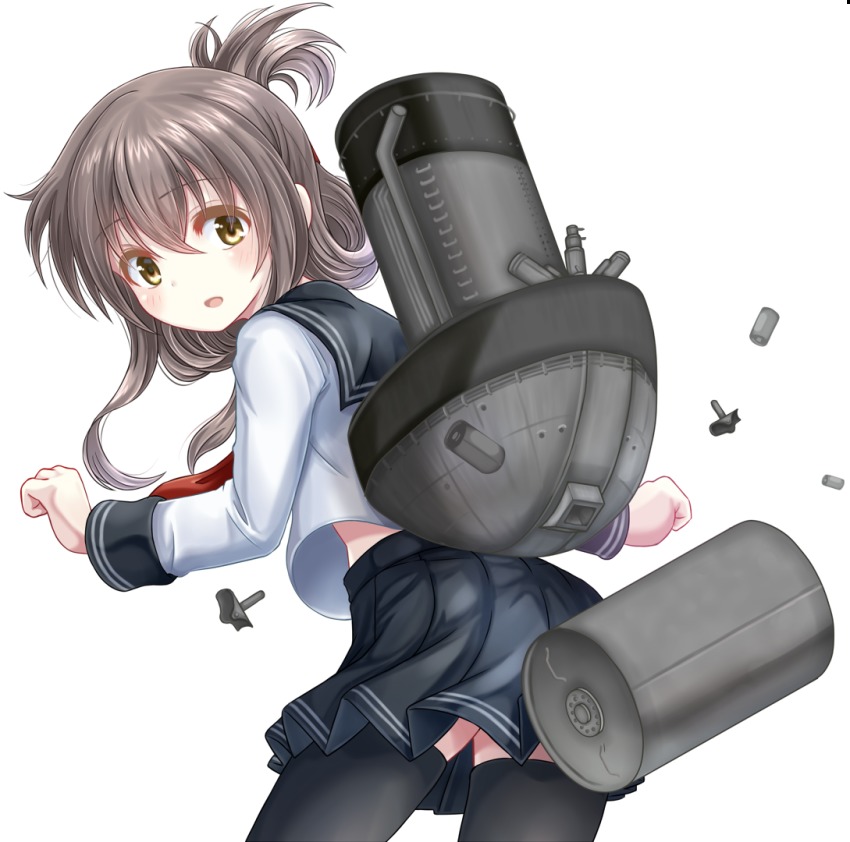 10s, 1girl, alternate_legwear, back, black_thighhighs, blouse, brown_eyes, brown_hair