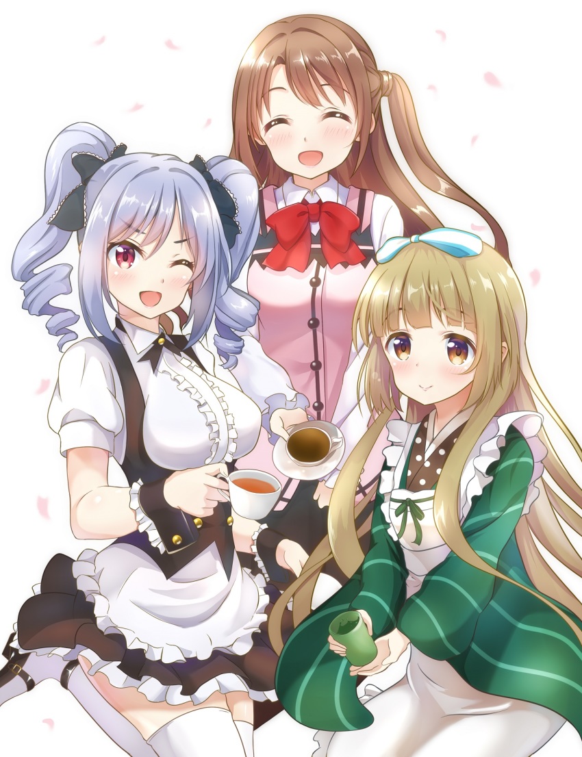 3girls, ^_^, alternate_costume, ama_usa_an_uniform, blush, breasts, brown_eyes, brown_hair