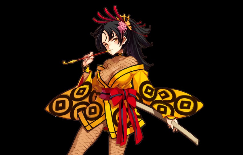 1girl, black_hair, blush, bodystocking, breasts, cleavage, collarbone, cowboy_shot, eiyuu_senki, female_focus, fishnet_bodystocking, fishnets, flower, hair_flower, hair_ornament, headpiece, holding, holding_smoking_pipe, ishikawa_goemon_(eiyuu_senki), japanese_clothes, long_hair, looking_at_viewer, no_bra, ooyari_ashito, ponytail, smoking_pipe, smoking_pipe_in_mouth, solo, sword, transparent_background, weapon, wooden_sword, yellow_eyes