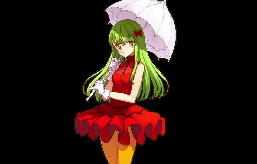 1girl, cowboy_shot, dress, eiyuu_senki, female_focus, gloves, green_eyes, green_hair, hair_ribbon, holding, holding_umbrella, long_hair, looking_at_viewer, marco_polo_(eiyuu_senki), ooyari_ashito, red_dress, ribbon, smile, solo, transparent_background, umbrella, white_gloves, yellow_legwear