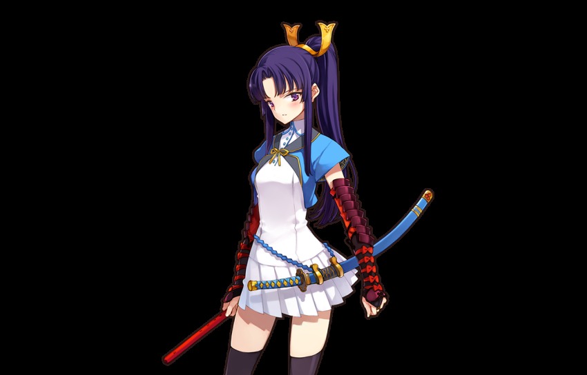 1girl, armor, black_thighhighs, blush, cowboy_shot, eiyuu_senki, female_focus, headpiece