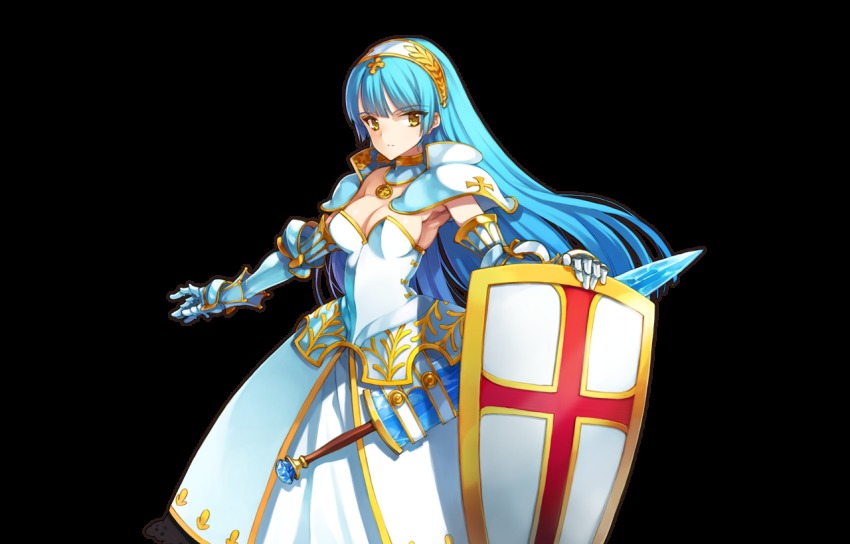 1girl, armor, armpits, blue_hair, blush, breasts, cleavage, cowboy_shot, dress, eiyuu_senki, female_focus, galahad_(eiyuu_senki), gauntlets, headband, headpiece, jewelry, long_hair, looking_at_viewer, necklace, ooyari_ashito, shield, shoulder_armor, solo, sword, transparent_background, weapon, yellow_eyes