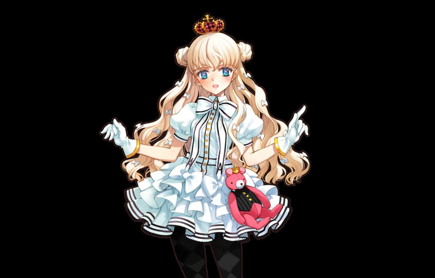 1girl, black_pantyhose, blonde_hair, blue_eyes, blush, cowboy_shot, crown, double_bun