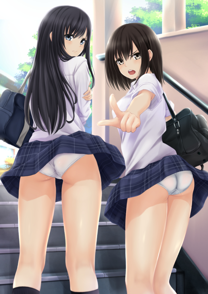 2girls, angry, ass, bag, black_hair, blue_eyes, brown_eyes, brown_hair, commentary_request, kneehighs, kneepits, long_hair, looking_back, miniskirt, multiple_girls, nonaka_ritsu, original, panties, pantyshot, plaid_clothes, plaid_skirt, pointing, school_uniform, short_hair, skirt, socks, stairs, standing, underwear