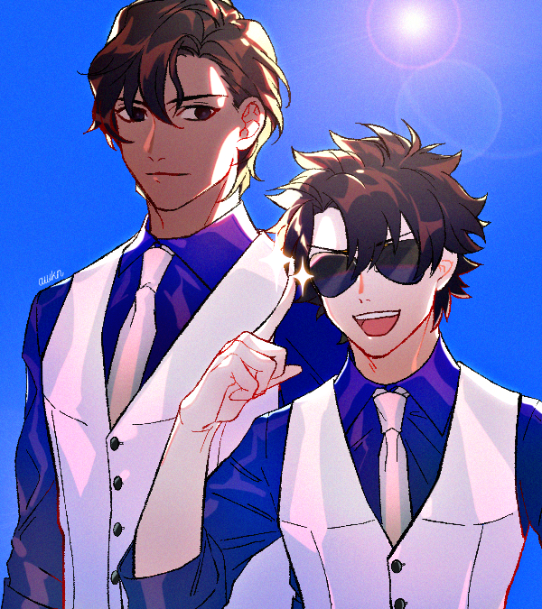 2boys, arjuna_(fate), arjuna_(formal_dress)_(fate), aviator_sunglasses, bad_id, bad_twitter_id, black_hair, blue_sky, clenched_hand, dark-skinned_male, dark_skin, day, fate/grand_order, fate_(series), fujimaru_ritsuka_(male), lens_flare, looking_at_viewer, male_focus, matching_outfits, multiple_boys, necktie, open_mouth, shimazaki_nobunaga, short_hair, signature, sky, sunglasses, vest, voice_actor_connection, waistcoat