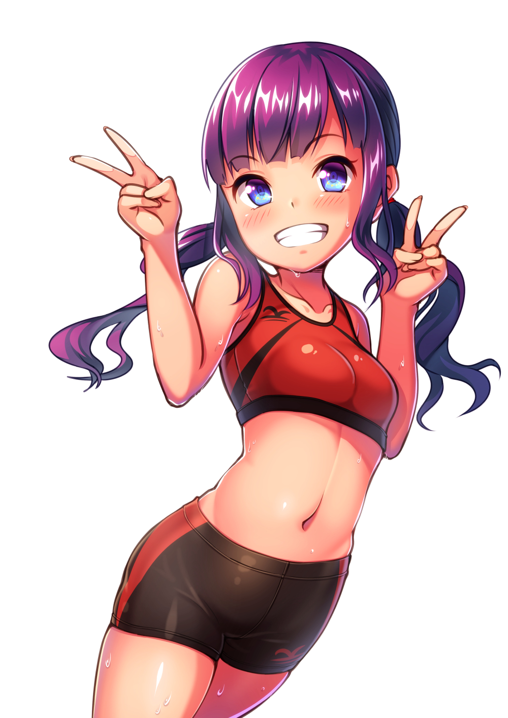 1girl, bare_arms, bare_shoulders, bike_shorts, black_shorts, blunt_bangs, breasts, cowboy_shot