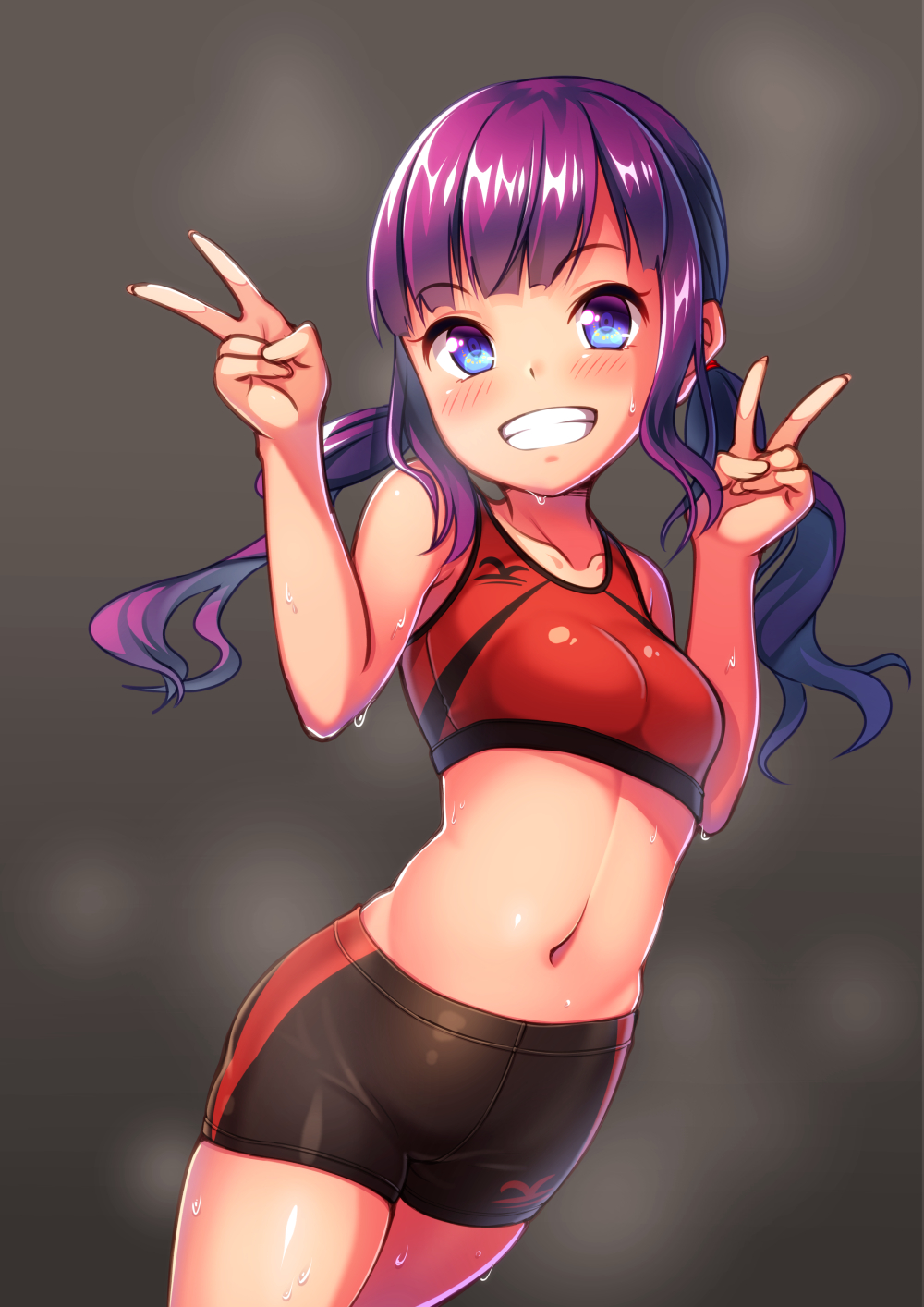 1girl, bare_arms, bare_shoulders, bike_shorts, black_shorts, blunt_bangs, breasts, cowboy_shot