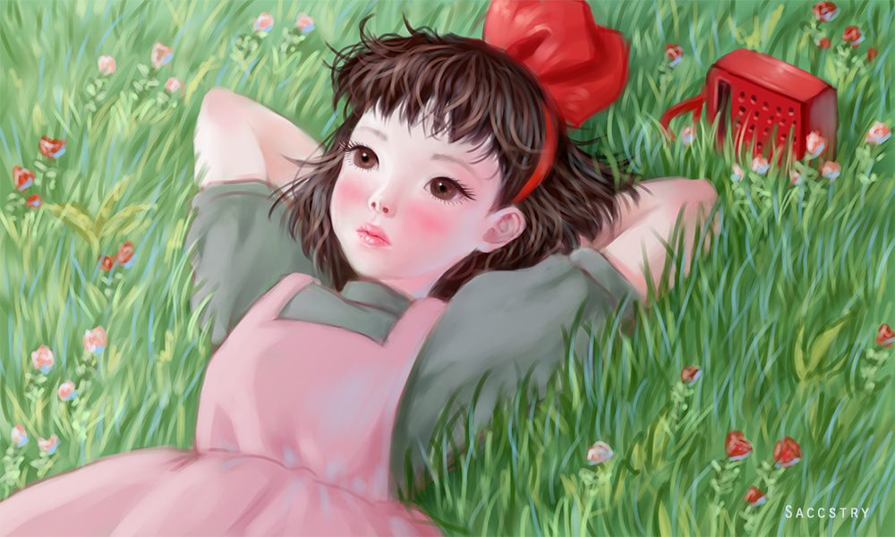 1girl, apron, arms_behind_head, arms_up, bow, dress, female_focus, grass