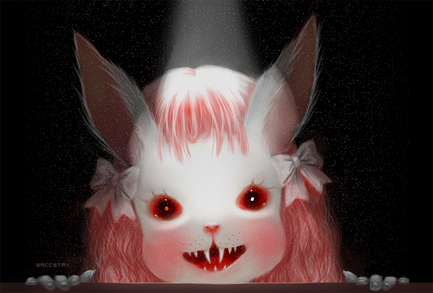 claws, furry, hair_ribbon, looking_at_viewer, original, pink_hair, rabbit_girl, red_eyes, ribbon, saccstry, sharp_teeth, teeth, twintails