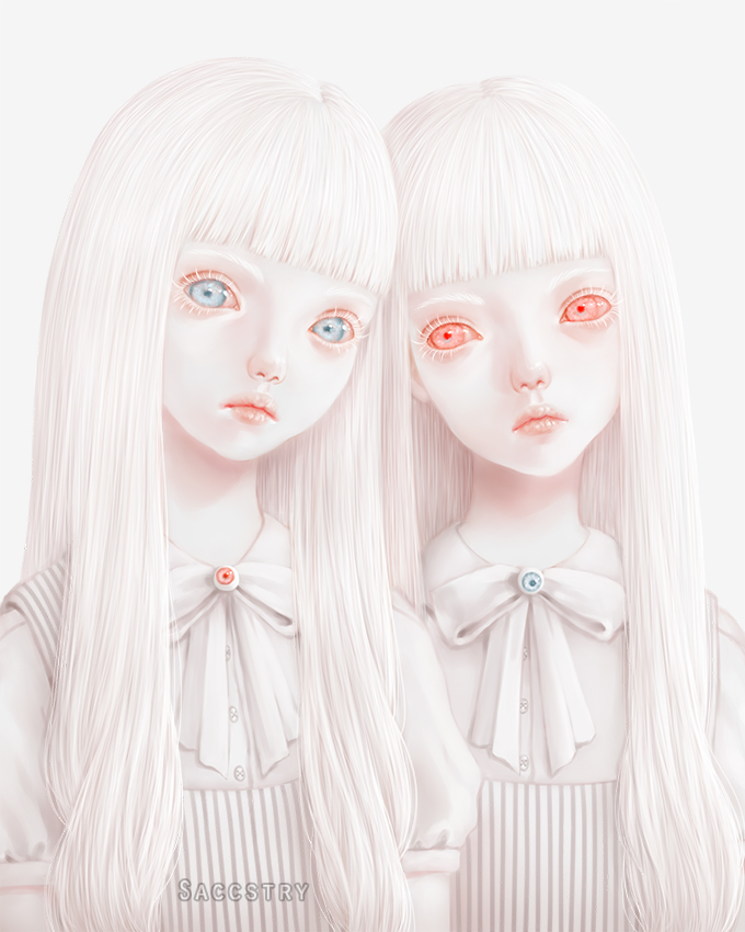 2girls, albino, blue_eyes, bow, dress, eyeball, looking_at_viewer, multiple_girls, original, pale_skin, pinafore, pinafore_dress, red_eyes, saccstry, siblings, sisters, sleeveless_dress, staring, twins
