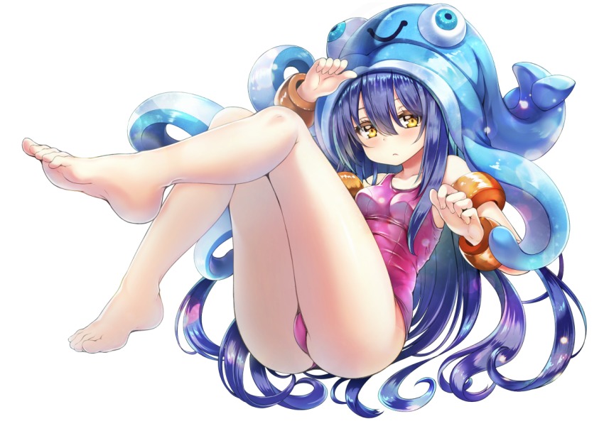 1girl, alternate_costume, bare_legs, barefoot, blush, breasts, curly_hair, feet, female_focus, full_body, hair_between_eyes, hat, knees_up, league_of_legends, long_hair, looking_at_viewer, lulu_(league_of_legends), medium_breasts, one-piece_swimsuit, pink_one-piece_swimsuit, pool_party_lulu, purple_hair, simple_background, solo, squid_hat, swimsuit, tareme, toes, very_long_hair, white_background, yako, yellow_eyes, yordle