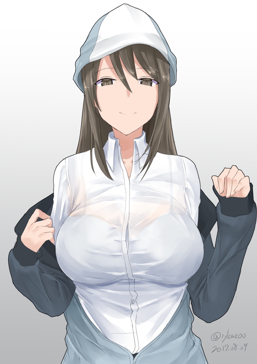 10s, 1girl, absurdres, black_hair, blue_hat, bra, bra_visible_through_clothes, brown_eyes