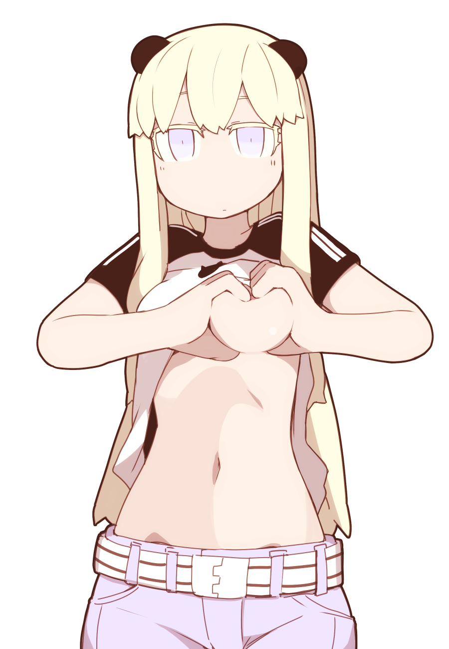 1girl, belt, blonde_hair, blue_eyes, breasts, clothes_lift, female_focus, heart-shaped_boob_challenge, hen_zemi, highres, long_hair, looking_at_viewer, makiko_gregory, navel, nns_(sobchan), shirt_lift, simple_background, solo, white_background